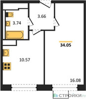 Планировка однокомнатной(квартира) площадью 34.05 квадратных метров в “ЖК Пятницкие луга”