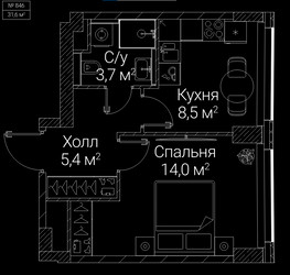 Планировка однокомнатной(квартира) площадью 31.6 квадратных метров в ЖК “ЖК СЕЗАР БУДУЩЕЕ”