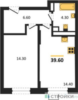 Планировка однокомнатной(квартира) площадью 39.6 квадратных метров в “ЖК ОБЛАКА-2”