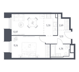 Планировка однокомнатной(апартаменты) площадью 45.51 квадратных метров в ЖК “ЖК Скай Спутник”