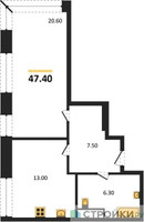 Планировка однокомнатной(квартира) площадью 47.4 квадратных метров в “ЖК Мираполис”