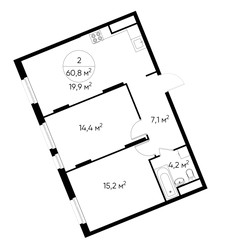 Планировка двухкомнатной(квартира) площадью 60.8 квадратных метров в ЖК “ЖК Переделкино Ближнее”