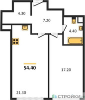 Планировка однокомнатной(квартира) площадью 54.4 квадратных метров в “ЖК Нагатино Ай-Лэнд”