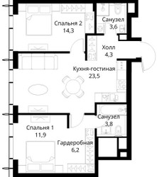Планировка двухкомнатной(квартира) площадью 67.6 квадратных метров в ЖК “ЖК Сити Бэй”