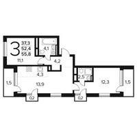 Планировка трехкомнатной(квартира) площадью 55.8 квадратных метров в “Новые Ватутинки. Заречный”