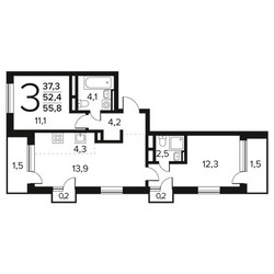 Планировка трехкомнатной(квартира) площадью 55.8 квадратных метров в ЖК “Новые Ватутинки. Заречный”