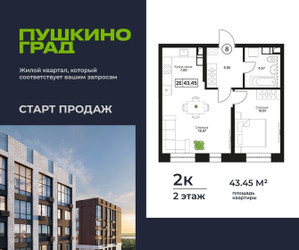 Планировка двухкомнатной(квартира) площадью 43.45 квадратных метров в ЖК “ЖК Пушкино Град”