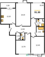 Планировка 4+ комнатной(квартира) площадью 91.3 квадратных метров в “ЖК Первый Лермонтовский”