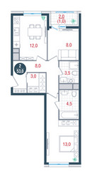 Планировка двухкомнатной(квартира) площадью 53 квадратных метров в ЖК “ЖК РУСИЧ-Кантемировский”