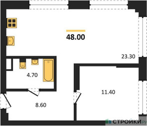Планировка однокомнатной(квартира) площадью 48 квадратных метров в ЖК “Архитектурный проект U2 (ЮТУ)”