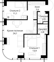 Планировка двухкомнатной(квартира) площадью 61.8 квадратных метров в ЖК “ЖК Сити Бэй”