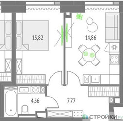 Планировка однокомнатной(квартира) площадью 41.11 квадратных метров в ЖК “ЖК Upside Towers (Апсайд Тауэрс)”
