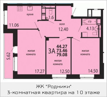 Планировка трехкомнатной(квартира) площадью 79.08 квадратных метров в “ЖК Родники”