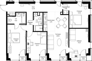 Планировка 4+ комнатной(квартира) площадью 109.63 квадратных метров в “ЖК СЕТ”