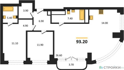 Планировка двухкомнатной(квартира) площадью 93.2 квадратных метров в ЖК “ЖК Родина Парк”