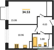 Планировка однокомнатной(квартира) площадью 34.53 квадратных метров в “ЖК Томилино Парк”