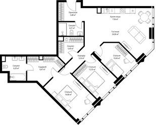 Планировка трехкомнатной(квартира) площадью 108.53 квадратных метров в ЖК “ЖК Джойс”