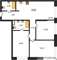 Планировка трехкомнатной(квартира) площадью 83 квадратных метров в “ЖК Moments (Моментс)”