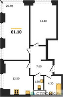 Планировка двухкомнатной(квартира) площадью 61.1 квадратных метров в “ЖК Мираполис”