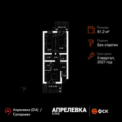 Планировка трехкомнатной(квартира) площадью 81.2 квадратных метров в ЖК “Апрелевка Клаб”