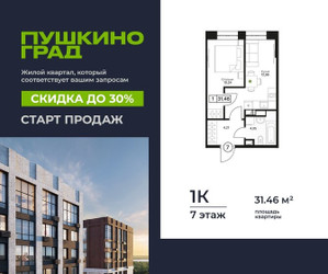 Планировка однокомнатной(квартира) площадью 31.46 квадратных метров в ЖК “ЖК Пушкино Град”