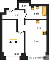 Планировка однокомнатной(квартира) площадью 42 квадратных метров в “ЖК Родина Парк”