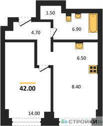 Планировка однокомнатной(квартира) площадью 42 квадратных метров в ЖК “ЖК Родина Парк”