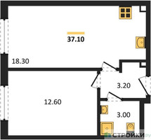 Планировка однокомнатной(квартира) площадью 37.1 квадратных метров в “ЖК Лучи-2”
