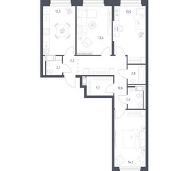 Планировка трехкомнатной(квартира) площадью 77.8 квадратных метров в ЖК “ЖК Мытищи Парк”