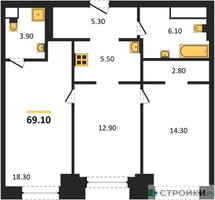 Планировка двухкомнатной(квартира) площадью 69.1 квадратных метров в “ЖК Мираполис”