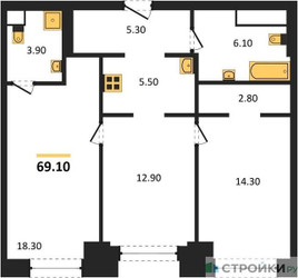 Планировка двухкомнатной(квартира) площадью 69.1 квадратных метров в ЖК “ЖК Мираполис”