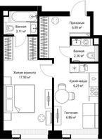 Планировка однокомнатной(квартира) площадью 43.41 квадратных метров в “ЖК Веер”