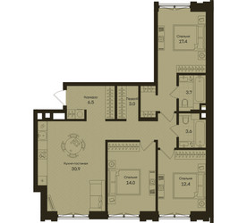 Планировка трехкомнатной(квартира) площадью 91.5 квадратных метров в ЖК “ЖК Дом на Часовой”