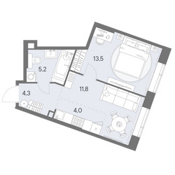 Планировка однокомнатной(квартира) площадью 38.8 квадратных метров в ЖК “ЖК Родина Переделкино”