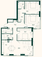 Планировка трехкомнатной(квартира) площадью 129 квадратных метров в “ЖК Клубный город на реке Primavera (Примавера)”
