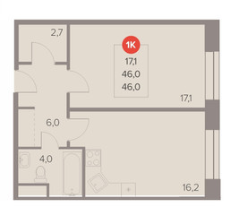 Планировка однокомнатной(квартира) площадью 46 квадратных метров в ЖК “ЖК Отлично”