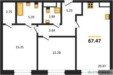 Планировка двухкомнатной(квартира) площадью 67.47 квадратных метров в ЖК “ЖК Sezar City (Сезар Сити)”