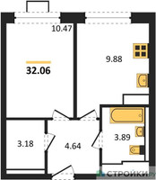 Планировка однокомнатной(квартира) площадью 32.06 квадратных метров в “ЖК Прибрежный Парк”