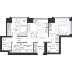 Планировка трехкомнатной(квартира) площадью 64.1 квадратных метров в ЖК “ЖК Hide (Хайд)”