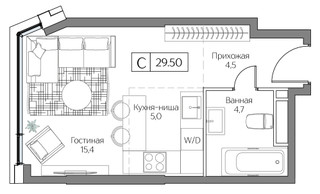 Планировка студии(квартира) площадью 29 квадратных метров в “ЖК Dream Riva (Дрим Рива)”