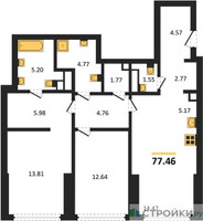 Планировка двухкомнатной(квартира) площадью 77.46 квадратных метров в “ЖК Солос”