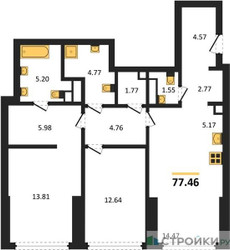 Планировка двухкомнатной(квартира) площадью 77.46 квадратных метров в ЖК “ЖК Солос”