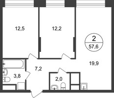 Планировка двухкомнатной(квартира) площадью 57.6 квадратных метров в “ЖК Первый Московский”