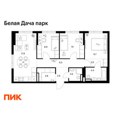 Планировка трехкомнатной(квартира) площадью 69.5 квадратных метров в ЖК “ЖК Белая Дача парк”