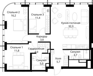 Планировка трехкомнатной(квартира) площадью 93.1 квадратных метров в ЖК “ЖК Сити Бэй”