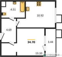Планировка однокомнатной(квартира) площадью 34.7 квадратных метров в “Жилые кварталы Новое Пушкино”