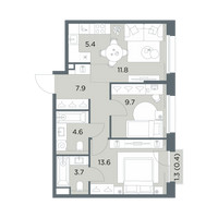 Планировка трехкомнатной(квартира) площадью 57.1 квадратных метров в “ЖК Станиславский”