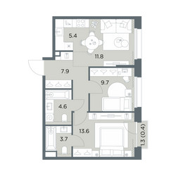 Планировка трехкомнатной(квартира) площадью 57.1 квадратных метров в ЖК “ЖК Станиславский”