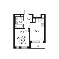 Планировка однокомнатной(квартира) площадью 33.2 квадратных метров в ЖК “Новые Ватутинки. Заречный”