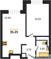 Планировка однокомнатной(квартира) площадью 35.3 квадратных метров в “ЖК Clementine (Клементин)”